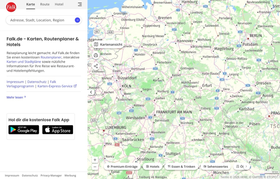 The falk.de maps and route planner, a map of Germany with search and filters