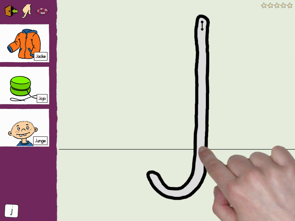 The Grundschrift app: tracing the letter j stroke by stroke, with the picture words Jacke, Jojo and Junge in the sidebar
