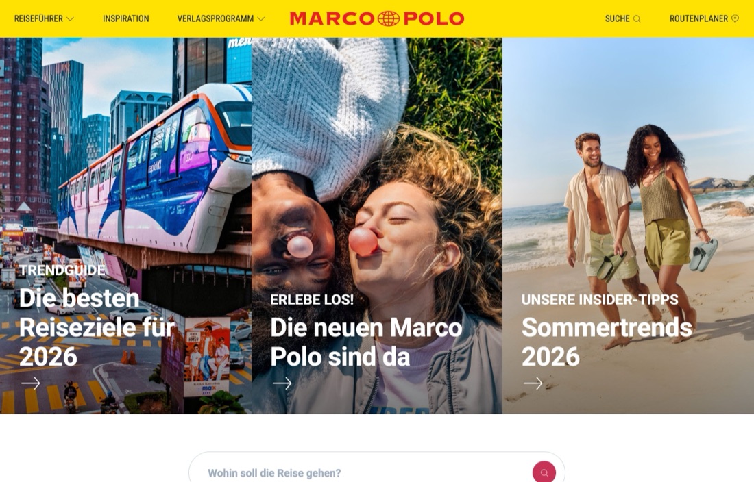 The marcopolo.de travel homepage with editorial guide cards