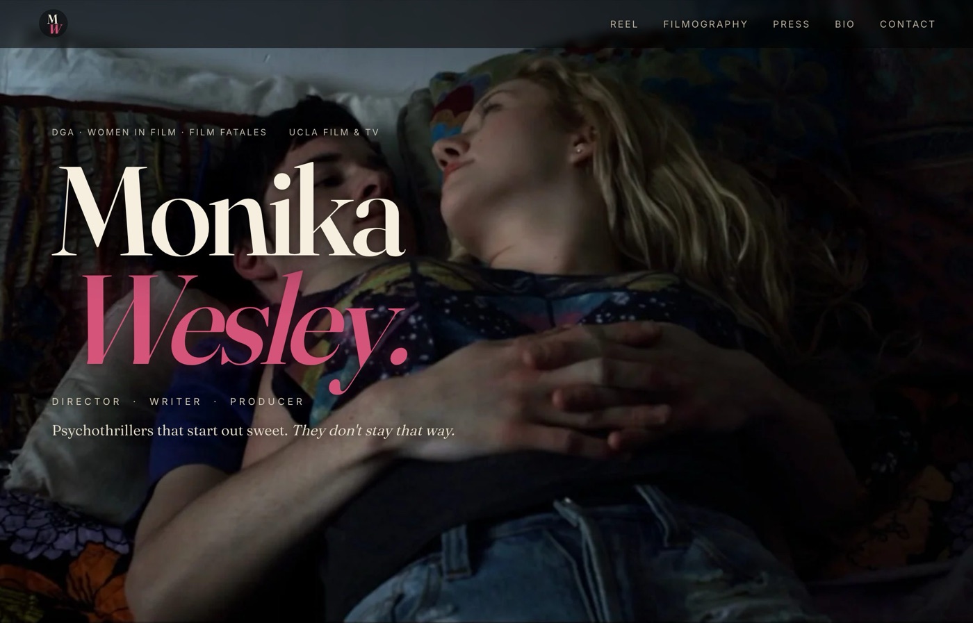 The monikawesley.com homepage: a cinematic hero with her name in display type
