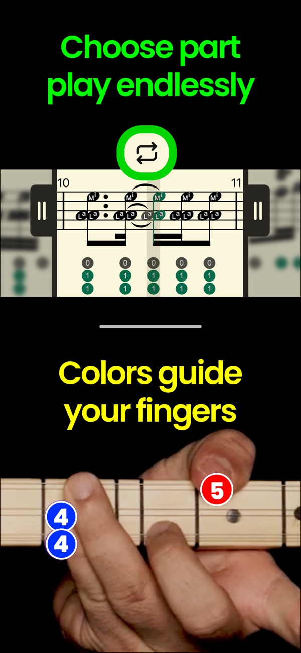 SazTunes: loop mode and color-coded fingering